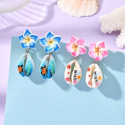 Handmade Polymer Clay 3D Flower Plumeria & Flower Word Printed Cowrie Shell Dangle Stud Earrings for Women EJEW-JE07483-1