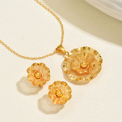 Hollow Brass Flower Stud Earrings & Pendant Necklaces Sets for Women MA5194-1