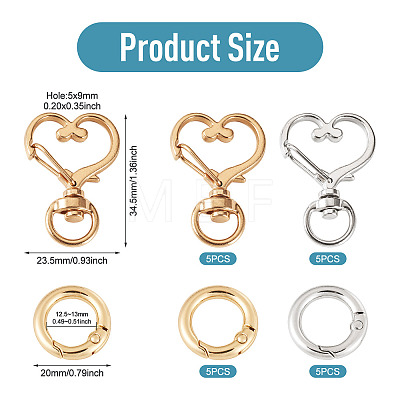 10Pcs 2 Colors Heart Alloy Swivel Snap Hook Clasps & 10Pcs 2 Colors Alloy Spring Gate Rings Findings Kits FIND-TADJ0001-23-1