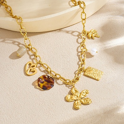 304 Stainless Steel Flower Heart Tree & Plastic Pearl & Resin Disc Multi-Charm Bib Necklaces for Women WG8B7B1-01-1