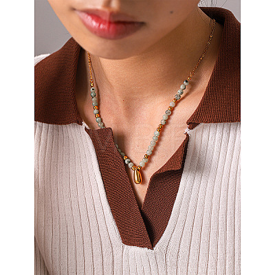 304 Stainless Steel Teardrop Pendant Natural African Turquoise(Jasper) Round Beaded Necklaces for Women WGE7304-01-1