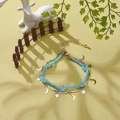 Brass Moon and Star Charms & Seed Flower Double Layer Multi-strand Bracelet for Women BJEW-JB08849-1