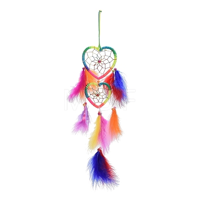Feather Double Heart Woven Net/Web with Beaded Wind Chimes HEAR-PW0001-169-1