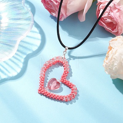 Valentine's Day Glass Seed Beads Beaded Heart Pendant Necklaces NJEW-MZ00079-01-1