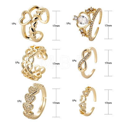 6Pcs 6 Styles Brass Micro Pave Clear Cubic Zirconia Cuff Rings RJEW-LS0001-44G-1