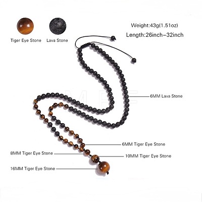 Natural Tiger Eye & Lava Rock Graduated Beaded Round Pendant Adjustable Braided Necklaces for Yoga and Aromatherapy HY9299-5-1