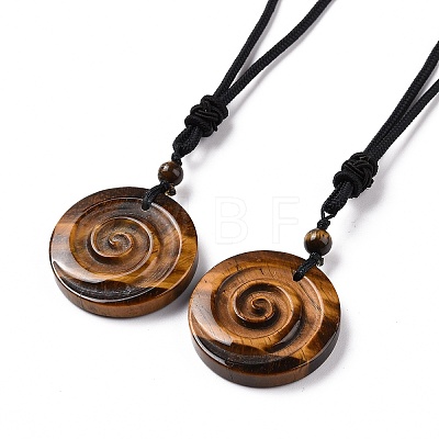 Adjustable Natural Tiger Eye Vortex Pendant Necklace with Nylon Cord for Women NJEW-L171-05C-1
