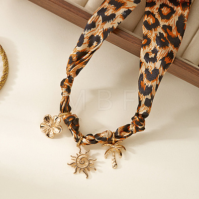 Leopard Printed Cloth Scarf Necklaces with Zinc Alloy Sun Tree Flower Pendants FS-WG7AF07-01-1