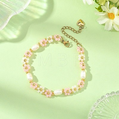 Natural Rice Pearl Flower Glass Seed Beaded Bracelets for Women BJEW-MZ00352-1