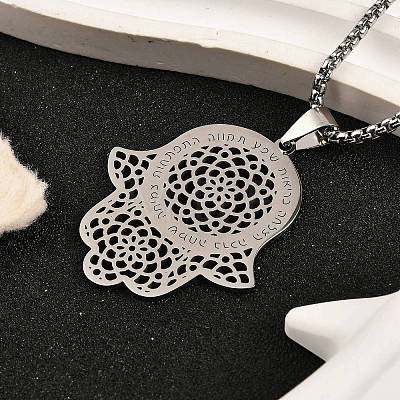 304 Stainless Steel Hollow Religion Hamsa Hand Pendant Necklaces NJEW-M086-01P-1