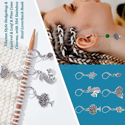 18Pcs 6 Style Hedgehog & Squirrel & Leaf & Pine Cone Tibetan Style Charms Locking Stitch Marker HJEW-PH01552-1