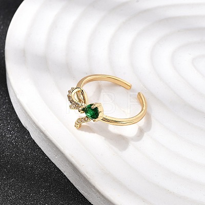 Brass with Green Glass Cuff Rings RJEW-P173-01G-03-1