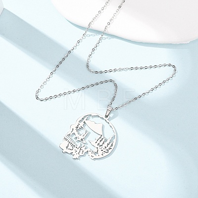 Halloween 304 Stainless Steel Hollow Tree Skull Pendant Cable Chain Necklaces for Men Women NJEW-K308-10P-1