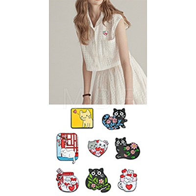 9Pcs 9 Styles Cartoon Cat & Flower Enamel Pins JEWB-SZ0002-07-1