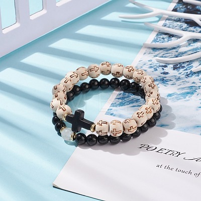 2Pcs 2 Style Natural & Synthetic Mixed Stone Cross Stretch Bracelet Sets with Wood Beaded for Women BJEW-JB08344-1