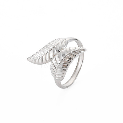 304 Stainless Steel Leaf Open Cuff Ring for Women RJEW-S405-175P-1