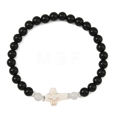Dyed Synthetic Turquoise Religion Cross & Round Natural Black Onyx(Dyed & Heated) & White Moonstone Beaded Stretch Bracelets BJEW-JB14404-1