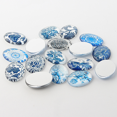 Blue and White Floral Theme Ornaments Glass Oval Flatback Cabochons GGLA-A003-18x25-YY-1