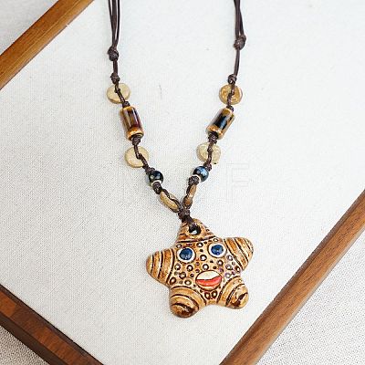 Adjustable Ethnic Handmade Porcelain & Wood Sandy Brown Pendant Waxed Cord Necklaces WG91B87-08-1