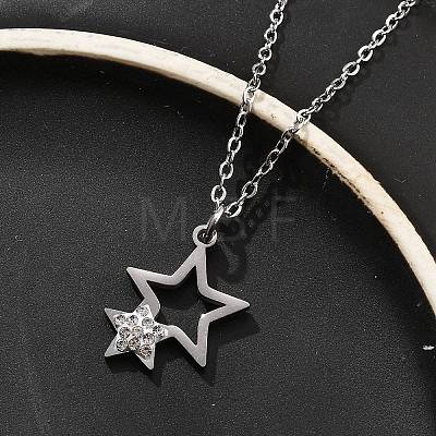 304 Stainless Steel Crystal Rhinestone Double Star Pendant Cable Chain Necklaces NJEW-Z056-02A-P-1