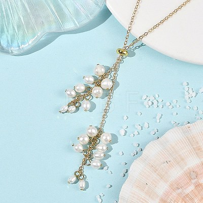 Natural Cultured Freshwater Pearl Rice Beads Tassel Brass Cable Chain Lariat Necklaces for Women NJEW-TA00264-1