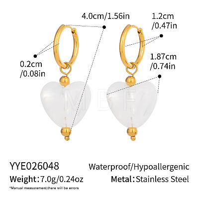 Summer White Resin Love Heart Dangle Hoop Earrings with 304 Stainless Steel Earring Hoops for Women PD0685-1-1