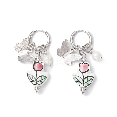 Flower with Butterfly 304 Stainless Steel Hoop Earrings EJEW-JE06749-01-1