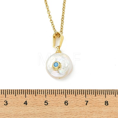 Brass Pave Cubic Zirconia and Natural Keshi Pearl Coin Pendant 304 Stainless Steel Cable Chain Necklaces for Women NJEW-JN06120-1