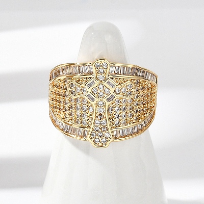 Brass Micro Pave Clear Cubic Zirconia Open Cuff Rings for Women RJEW-A059-04G-1