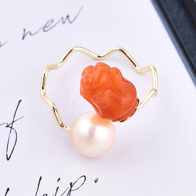 Natural Pearl with Jade Flower Open Cuff Ring RJEW-T026-02G-1