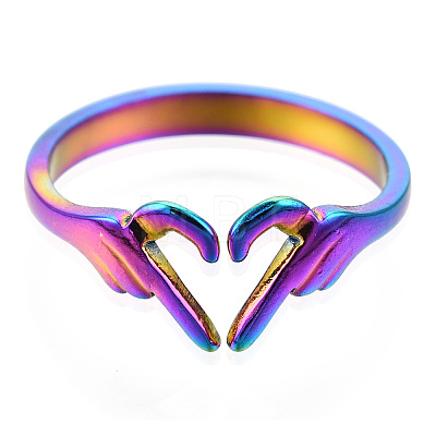 304 Stainless Steel Hand Heart Cuff Rings X-RJEW-N038-121M-1
