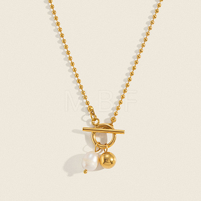 304 Stainless Steel and Faux Pearl Round Pendant Necklaces with OT Clasps for Women AR1092-1