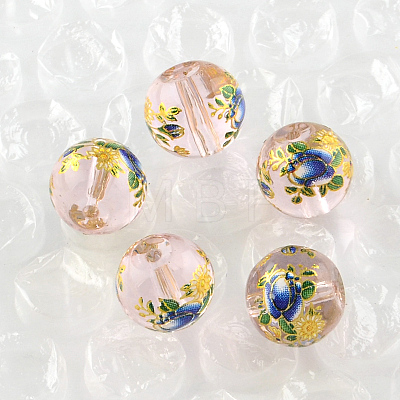 Rose Flower Pattern Printed Round Glass Beads GFB-R004-10mm-W-1