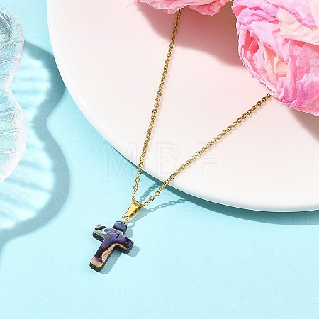 Natural Abalone Shell Religion Cross Pendant 304 Stainless Steel Cable Chain Necklaces for Women NJEW-JN06003-1