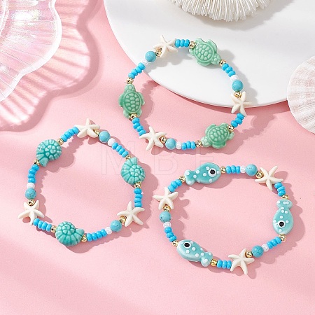 3Pcs 3 Styles Handmade Porcelain & Glass Seed Bead & Starfish Synthetic Turquoise Stretch Bracelets for Women BJEW-MZ00316-1