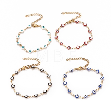 Enamel Rhombus with Evil Eye Link Chains Bracelet BJEW-P271-03G-1