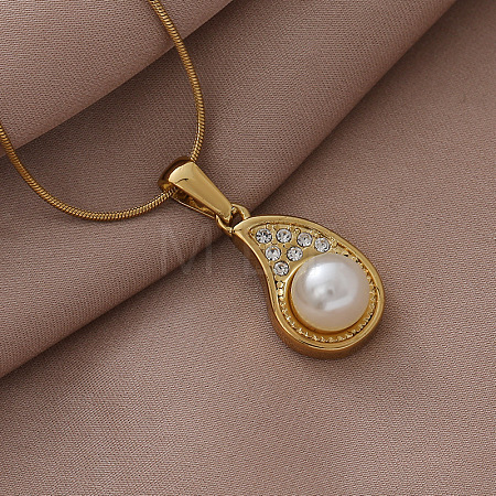 304 Stainless Steel with Imitation Pearl and Clear Glass Teardrop Pendant Necklaces EB8017-1