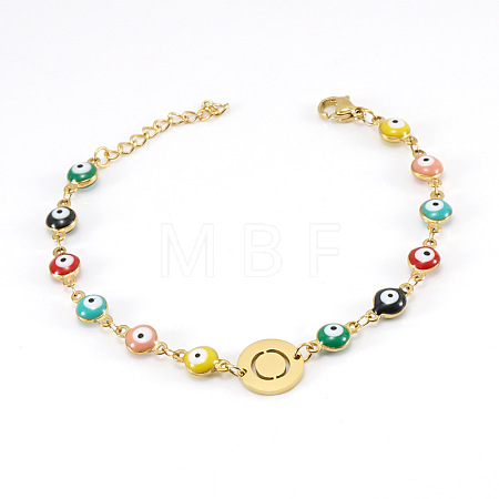 Colorful 304 Stainless Steel & Evil Eye Enamel Flat Round Link Bracelets FS-WGB13F5-15-1