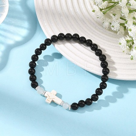 Dyed Synthetic Turquoise Religion Cross & Round Natural Black Onyx(Dyed & Heated) & White Moonstone Beaded Stretch Bracelets BJEW-JB14404-1