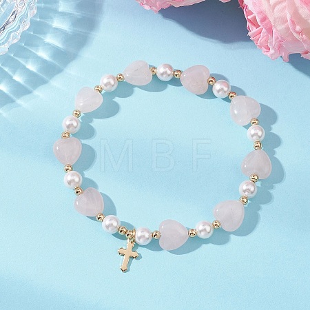 Natural Rose Quartz Heart & Shell Pearl Beads Stretch Bracelets BJEW-JB13413-01-1