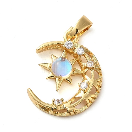 Brass Micro Pave Clear Cubic Zirconia with Glass Pendants KK-G483-02G-1