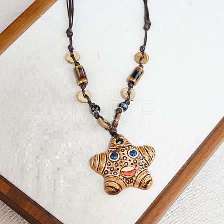 Adjustable Ethnic Handmade Porcelain & Wood Sandy Brown Pendant Waxed Cord Necklaces WG91B87-08-1