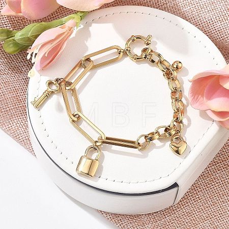 304 Stainless Steel Paperclip & Rolo Chains Charm Bracelets for Women BJEW-C089-03G-1