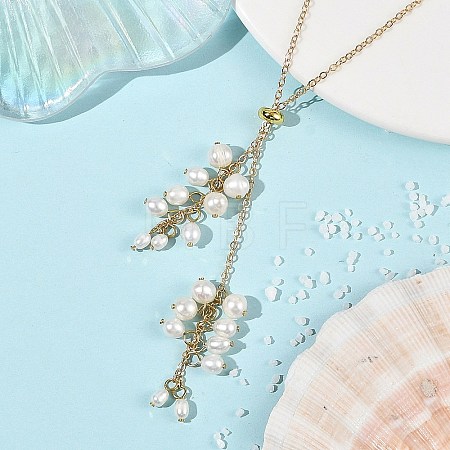 Natural Cultured Freshwater Pearl Rice Beads Tassel Brass Cable Chain Lariat Necklaces for Women NJEW-TA00264-1