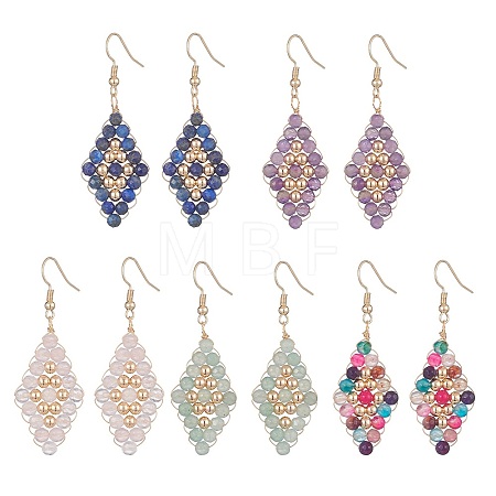 Natural Mixed Gemstone Beaded Rhombus Dangle Earrings EJEW-JE05264-1