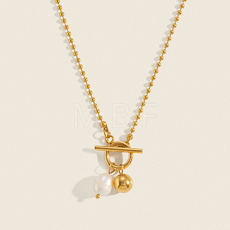 304 Stainless Steel and Faux Pearl Round Pendant Necklaces with OT Clasps for Women AR1092-1