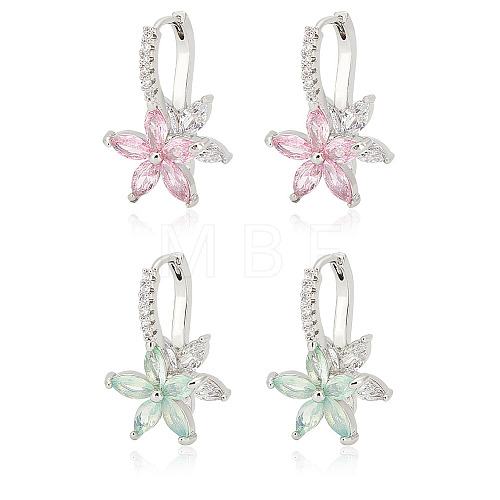 2 Pairs 2 Colors Cubic Zirconia Flower Hoop Earrings EJEW-FI0001-23-1