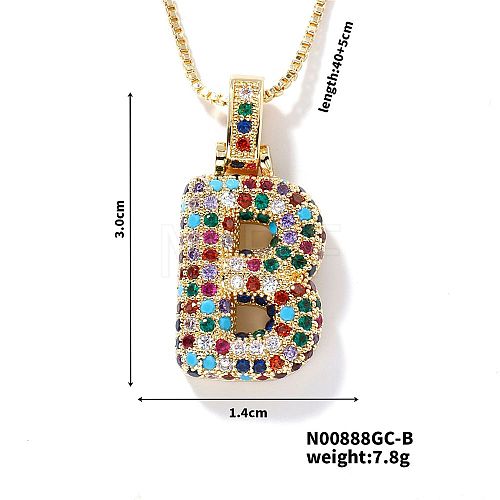 Brass Pave Colorful Cubic Zirconia Letter Pendant Box Chain Necklaces NU0575-2-1