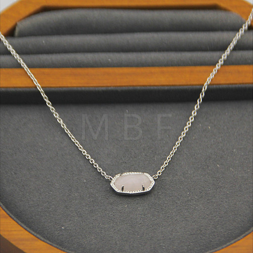 Brass Pave Natural Rose Quartz Faceted Oval Pendant Necklaces for Women WG283E9-03-1