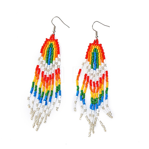 Glass Beaded Tassel Dangle Earrings PW-WG91033-01-1